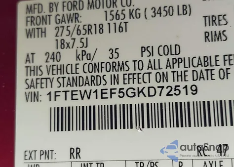 2016 Ford F-150 Lariat from USA, damaged, VIN 1FTEW1EF5GKD72519